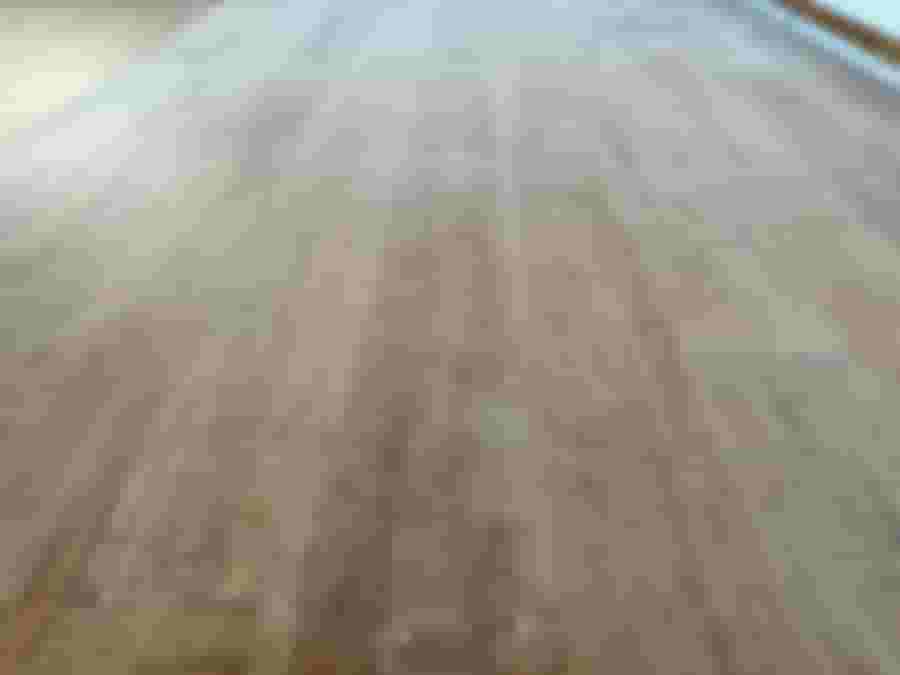 Ett nylagt golv med en träliknande yta, som visar spår av slipning och förberedelse inför inredning. Ljust och luftigt intryck.